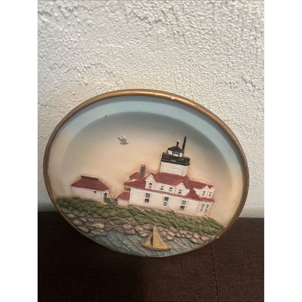 #2071* Vintage Art Egg Rock Lighthouse Ceramic Wall Plaque in White and Red